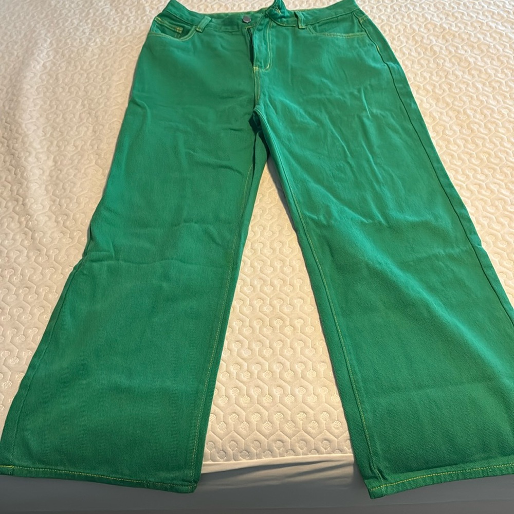 Green straight leg jeans